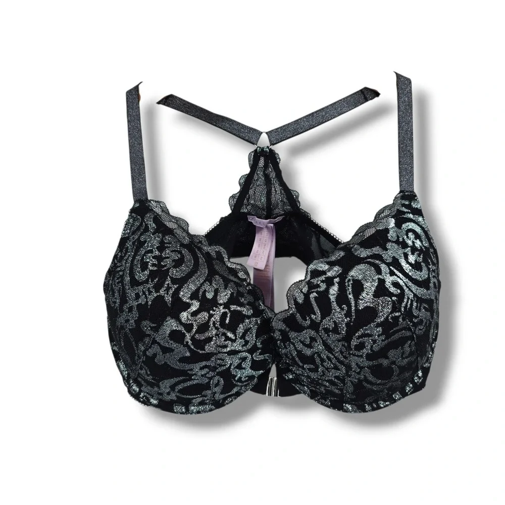 Savage X Fenty Black Silver Metallic Lace Front Close Push Up Bra 38D Racerback